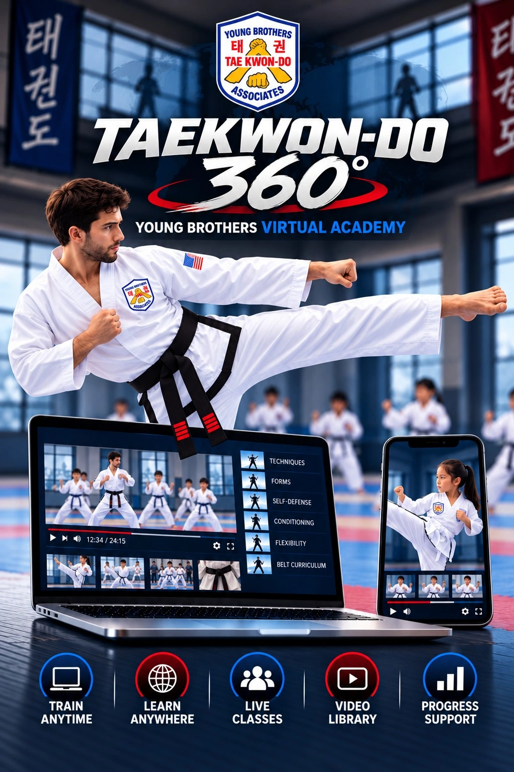 Official Taekwon-Do 360 Young Brothers Virtual Academy poster featuring an instructor demonstrating a side kick, a student and online training on laptop and phone