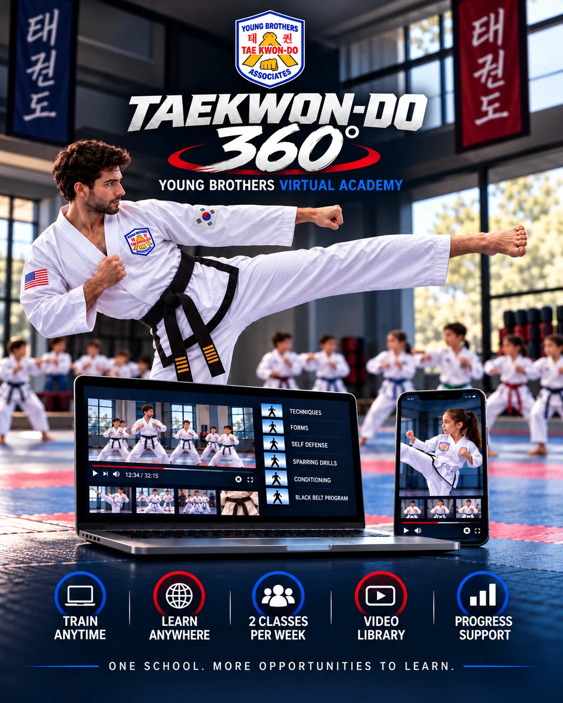 Young Brothers Taekwon-Do 360 virtual academy poster, instructor demonstrating a side kick with laptop and smartphone training platform